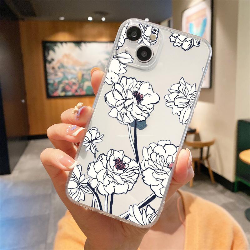 For iPhone 15 16 14 13 12 11 Pro Max XS X XR SE 7 8 Plus Soft Silicone Clear Cover Flower Luxury Phone Case