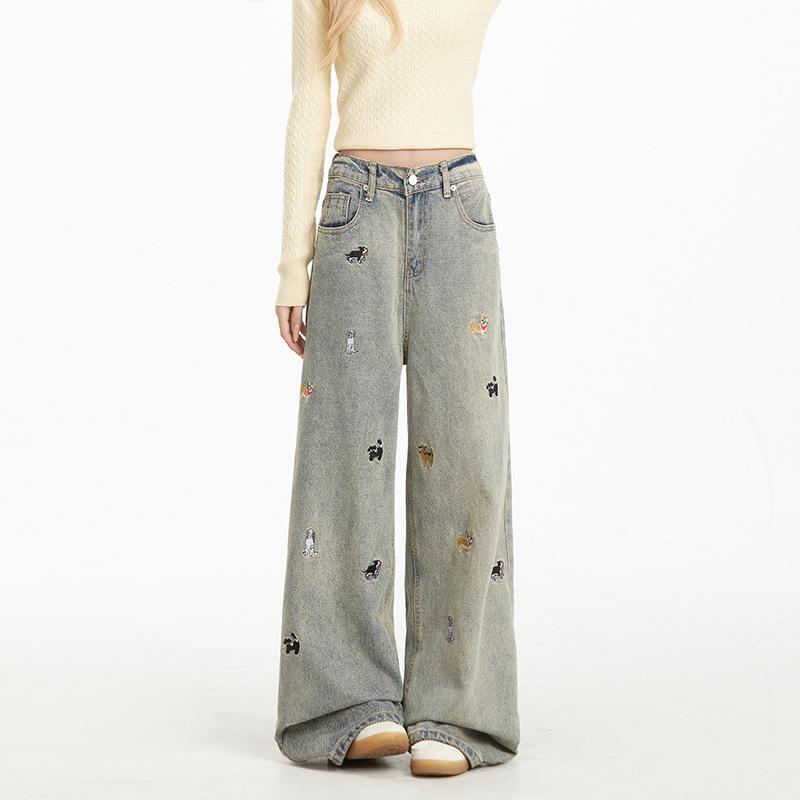 2025 Summer Women's High Waist Embroidered Overalls - European Street Style Punk Wide-Leg Pants