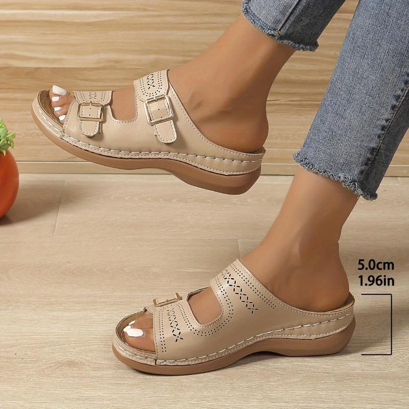 Women's Solid Color Casual Sandals, Platform Slip On Soft Sole Double Buckle Holiday Shoes, Cut Out Wedge Beach Shoes