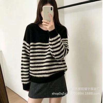 Alpaca Wool Crew Neck Sweater Women's Autumn and Winter Loose Lazy Wind Pullover Knitted Sweater Horizontal Striped Outer Bottoming Top