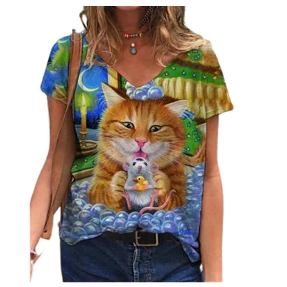 Casual Summer T-shirt 2025 New Women's 3d Floral Print T-shirt Ladies Street Wear Short-sleeved V-neck Top