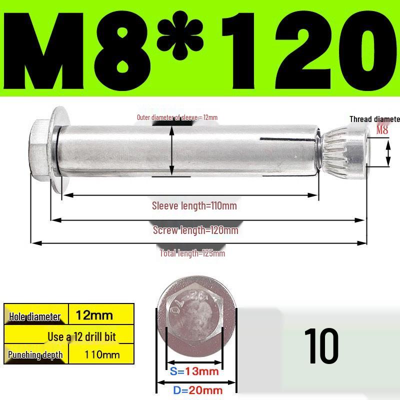 Stainless Steel Expansion Screw: Hexagonal Head with Internal Expansion (304/201), Sizes M6, M8, M10, M12.