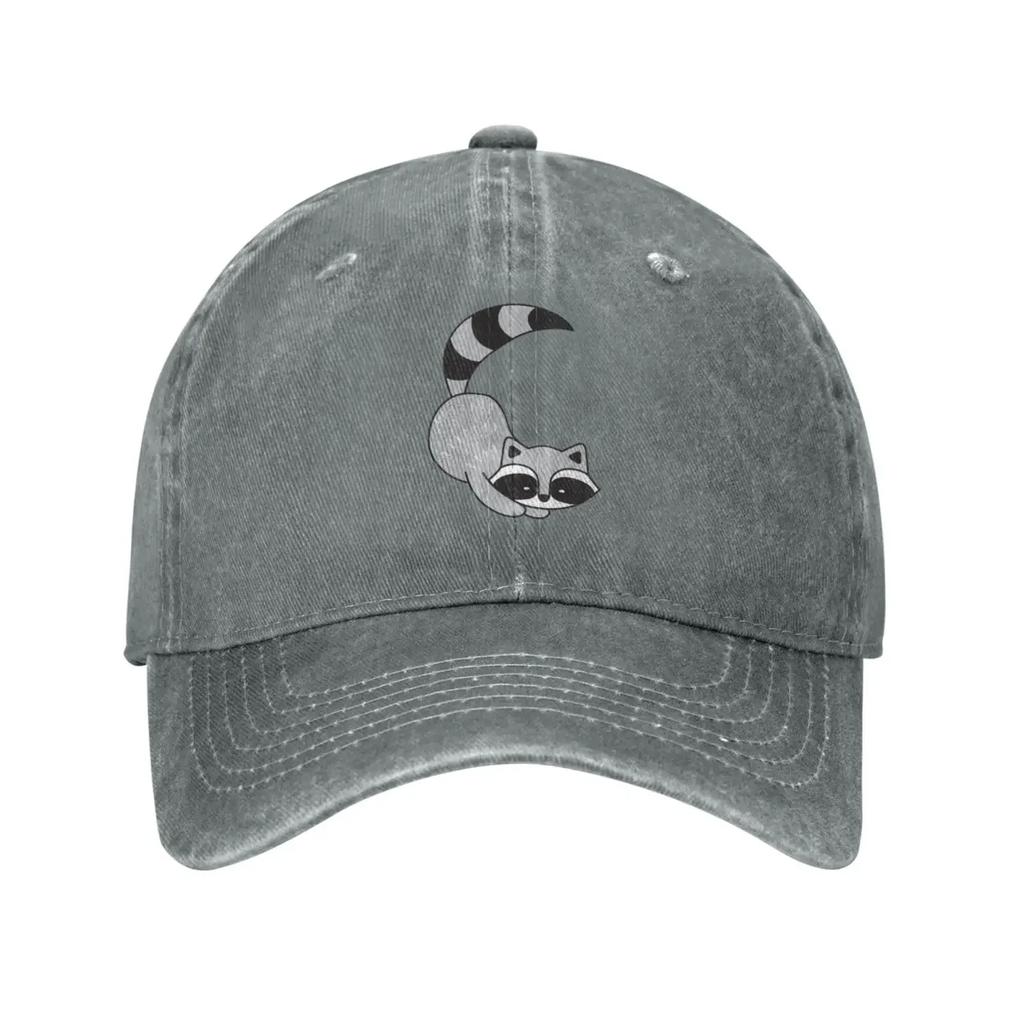 Cute Gray Racoon Vintage Adjustable Washed Denim Cotton Low Profile Mens Dad Trucker Hat Fitted Baseball Ball Cap for Men Unisex