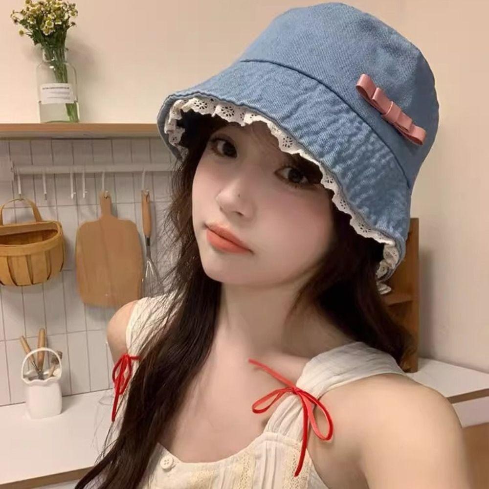 Denim Fischerhut mit breiter Krempe Y2K Schleife Sonnenschutzhut Mode Spitze Fischerhut Klettern