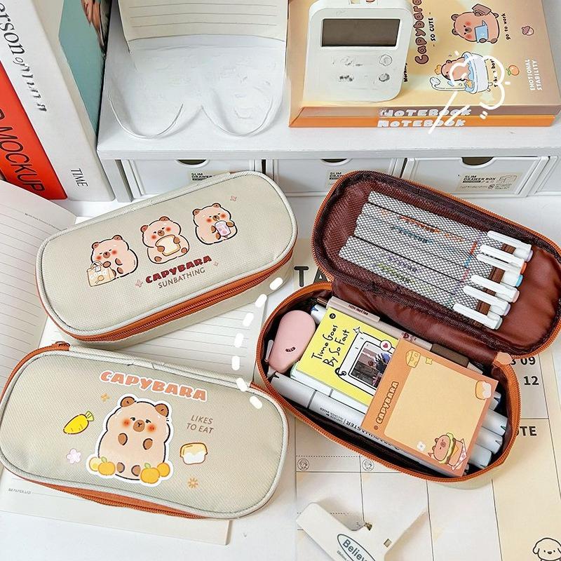 School Supplies Kapibara Canvas Pencil Case Cute Large Capacity Student Simple Pencil  Girl Heart Stationery Box Kawai Gift