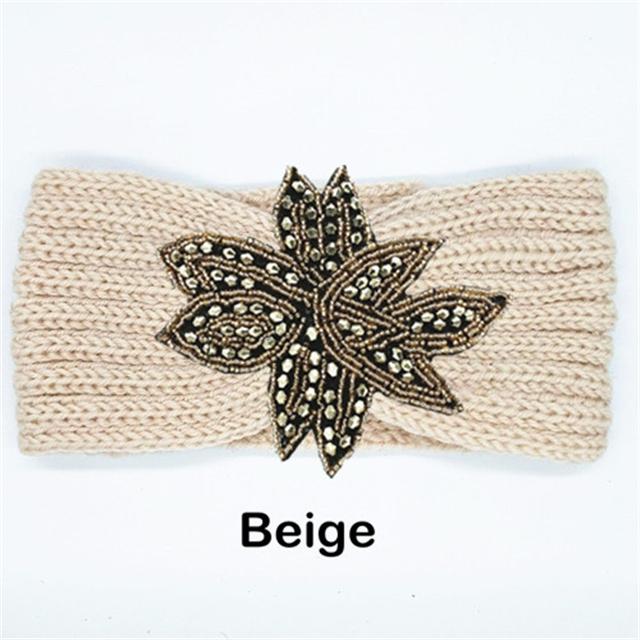 Crystal Beaded Flower Knit Headband For Women Winter Wool Ear Warmer Hairband Turban Headwrap Hair Accessories Bandeau