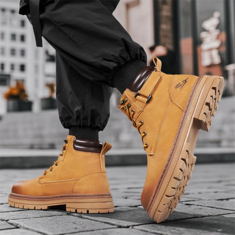 Men's High Top Boots Four Season Outdoor Work Shoes Anti Slip and Comfortable Yellow Boots Fashion British Casual Leather Boots