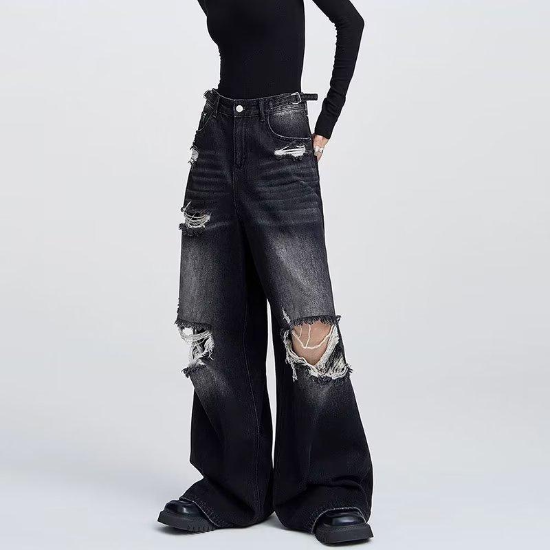 Retro High Street Ripped Jeans for Women Fashion Straight Denim Trousers Baggy Wide-leg Pants Y2k Streetwear Female Plus Size