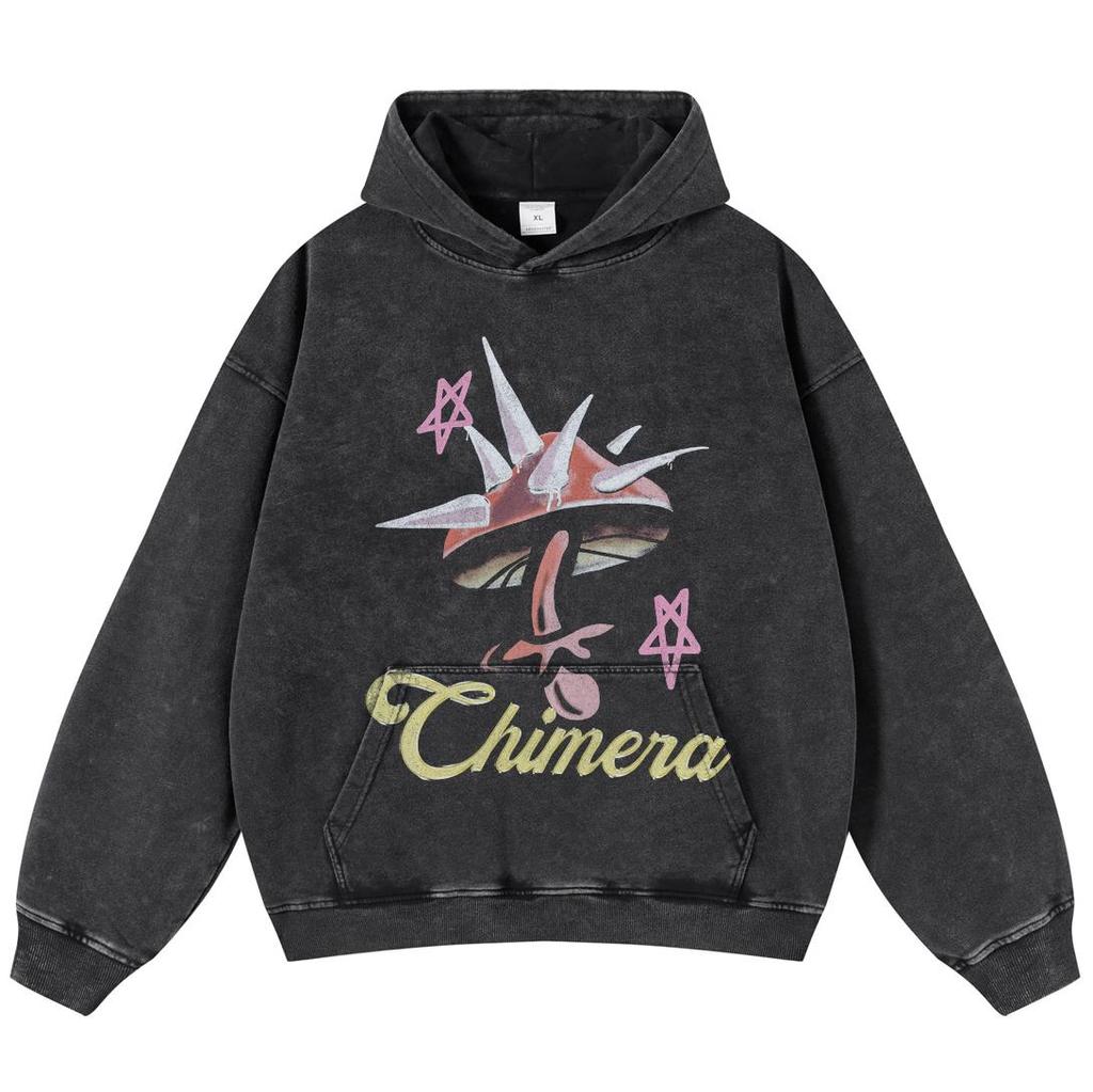 Streetwear Mushroom Graphic Oversized Washed Black Unisex Y2K Hoodie