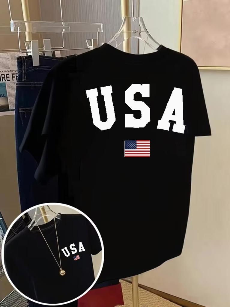USA Flag Patriotic Print Tshirt Double Sided American Flag USA Letter Graphic Short Sleeve Tops Unisex 4th Of July Casual Tee