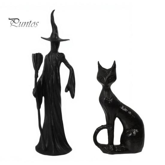 Spooky Home Decor Cute Witch Cat Resin Figurine, Halloween Garden Statue, Ornaments for Yard Patio Balcony Window Sill Outdoor Seasonal Decorative