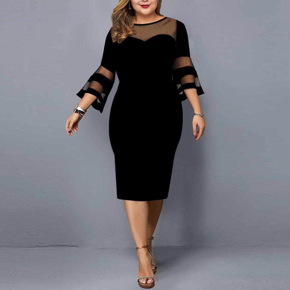 New Mesh Patchwork Plus Size Solid Color Women's Bodycon Dress