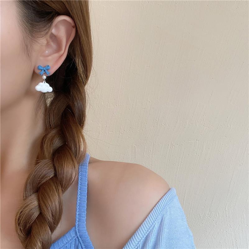 Blue bear + cloud asymmetric stud earrings~ cute cartoon earrings girl soft girl earrings earrings trendy earclips