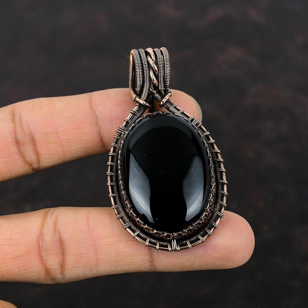 Black Onyx Pendant Copper Wire Wrapped Pendant Gemstone Pendant Black Onyx Copper Jewelry Handmade Pendant Wire Wrap Jewelry Gift For Mother