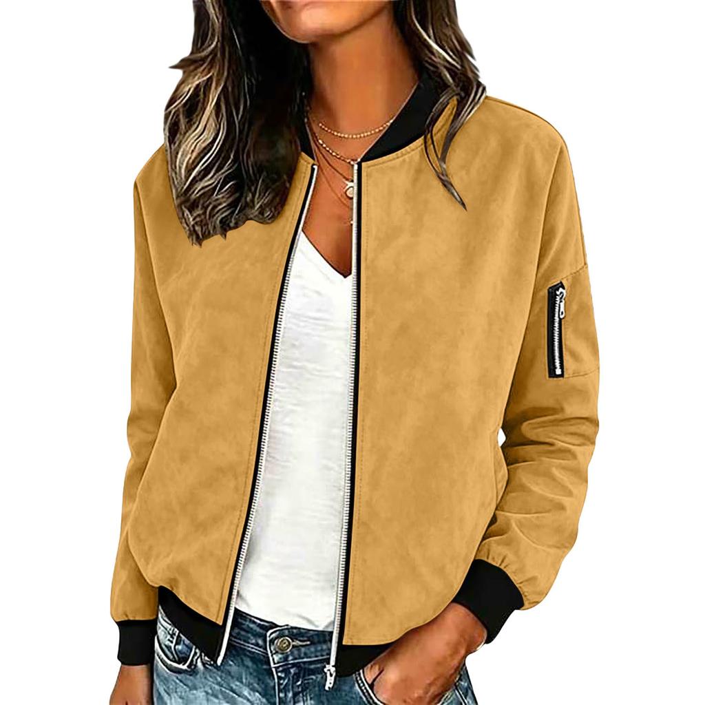 Women's Casual Suede Zip Up Jacket Lightweight Bomber Style Long Sleeve Outerwear with Ribbed Cuffs and Hem for Everyday Wear