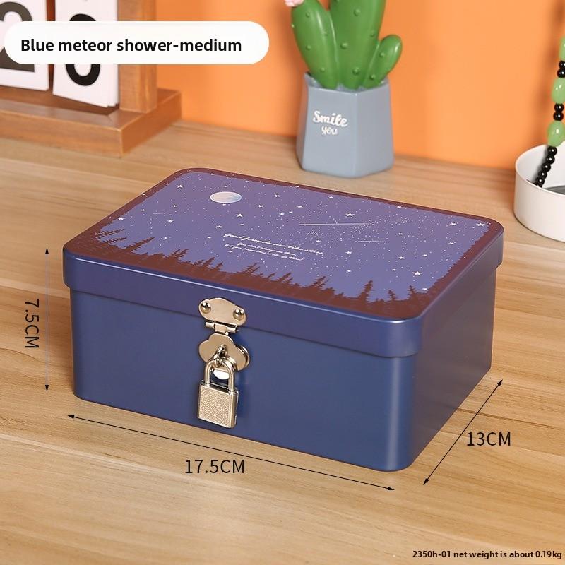 Retro Tinplate Box with Lock Key, Desktop Storage Box, Cosmetics, ID Storage, Household Jewelry Empty Box.