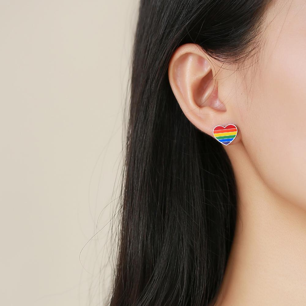 Rainbow Pride Lesbian Gay LGBT Stainless Steel Epoxy Heart Stud Earrings