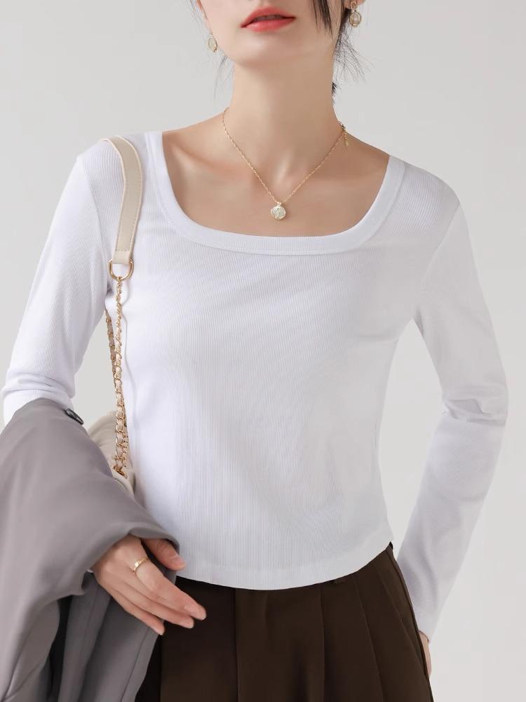 

Осень и зима Новая женская футболка с длинными рукавами для полных женщин больших размеров, облегающая рубашка, женский тонкий облегающий топ с длинными рукавами M бежевый