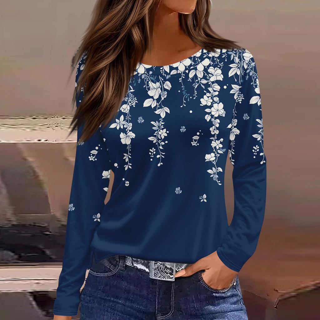 Women's Fashion Casual Slit Hem Round Neck Long Sleeve Loose Printed T-Shirt Ladies Top Christmas