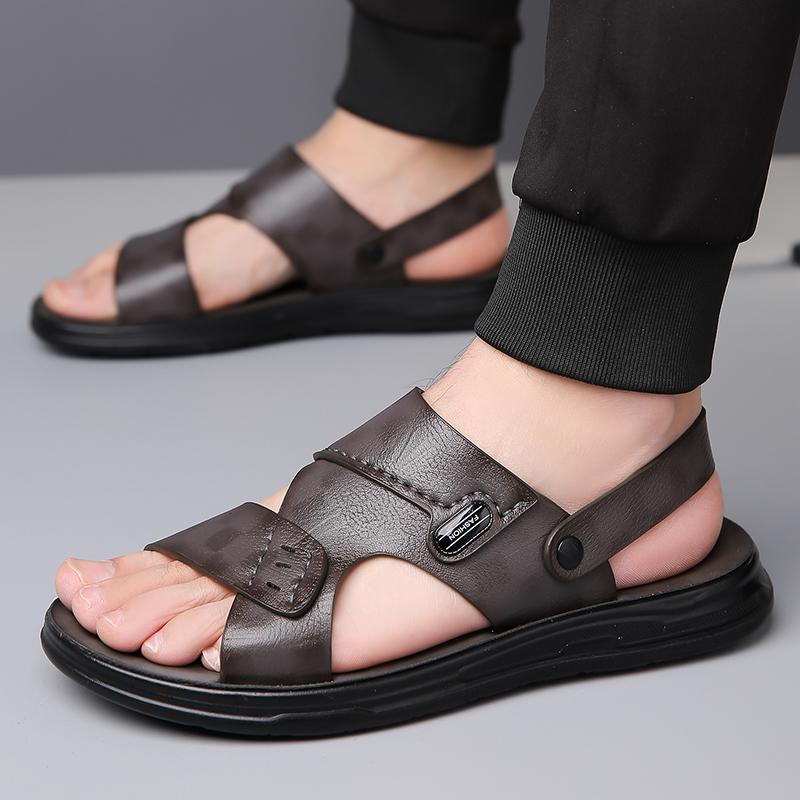 Men Brown Flats Slippers Summer Grey Wide Head Sandals Retro Black Leather Beach Shoes Plus Size