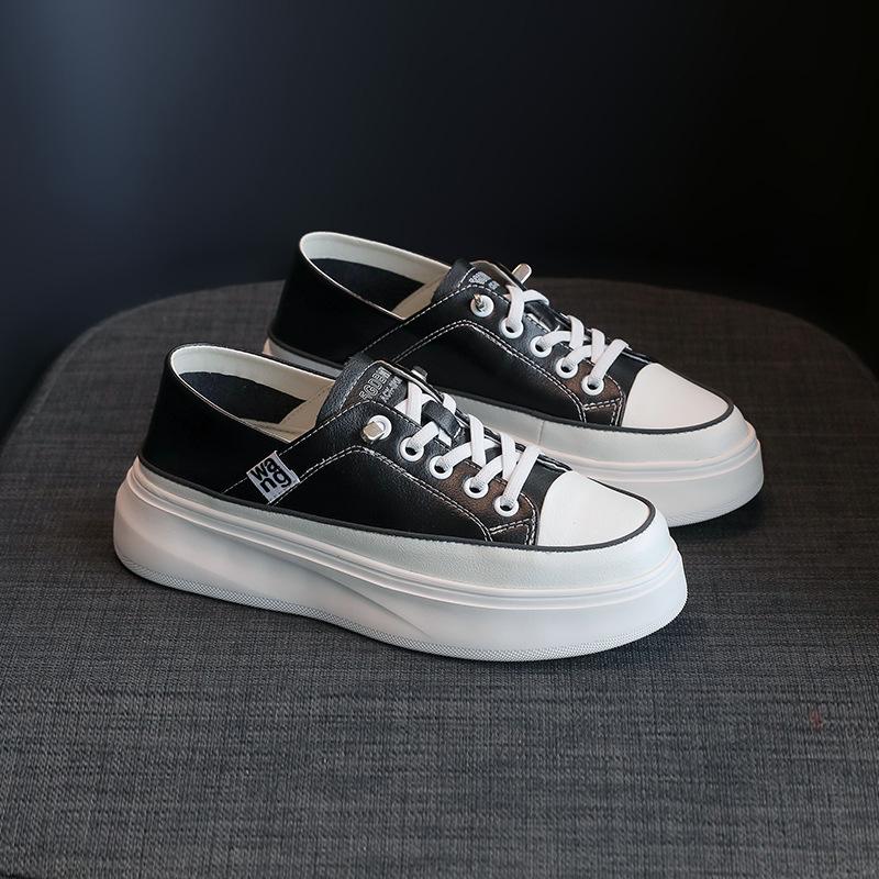 Two Wearing Little White Shoes for Women In Spring 2025, New Soft Leather Inner Height Increase, Shallow Mouth Sports and Leisure Thick-soled Muffin