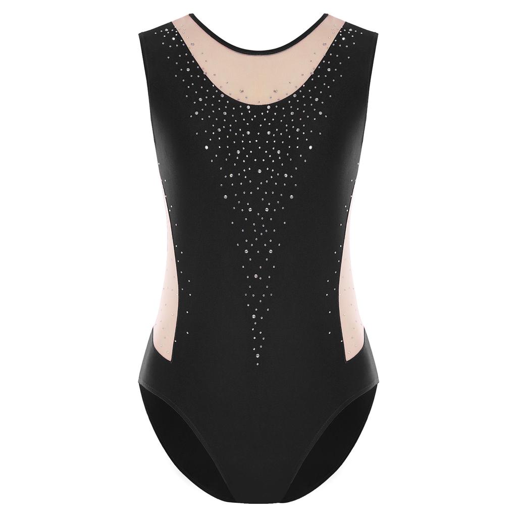 Womens Gymnastics Figure Skating Bodysuit Round Neck Sleeveless Shiny Rhinestone Mesh Patchwork Leotard Dance Jumpsuit
