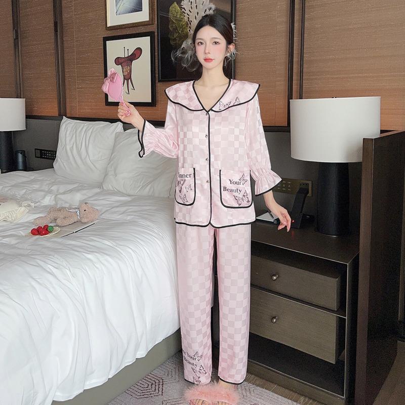 V-neck Autumn New Pajamas for Women Ice Silk Lace Sweet Jacquard Gauze Sleeves Smooth Two-piece Pajamas Set
