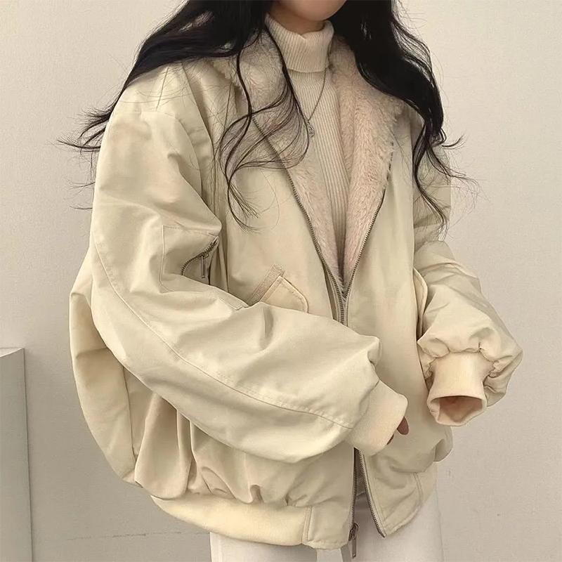 Autumn Thick Double-sided Velvet Cotton Hooded Jacket Women Fashion Winter Clothing Long Sleeve Zipper Loose Coats Women Solid Plush Warm Coat 25259
