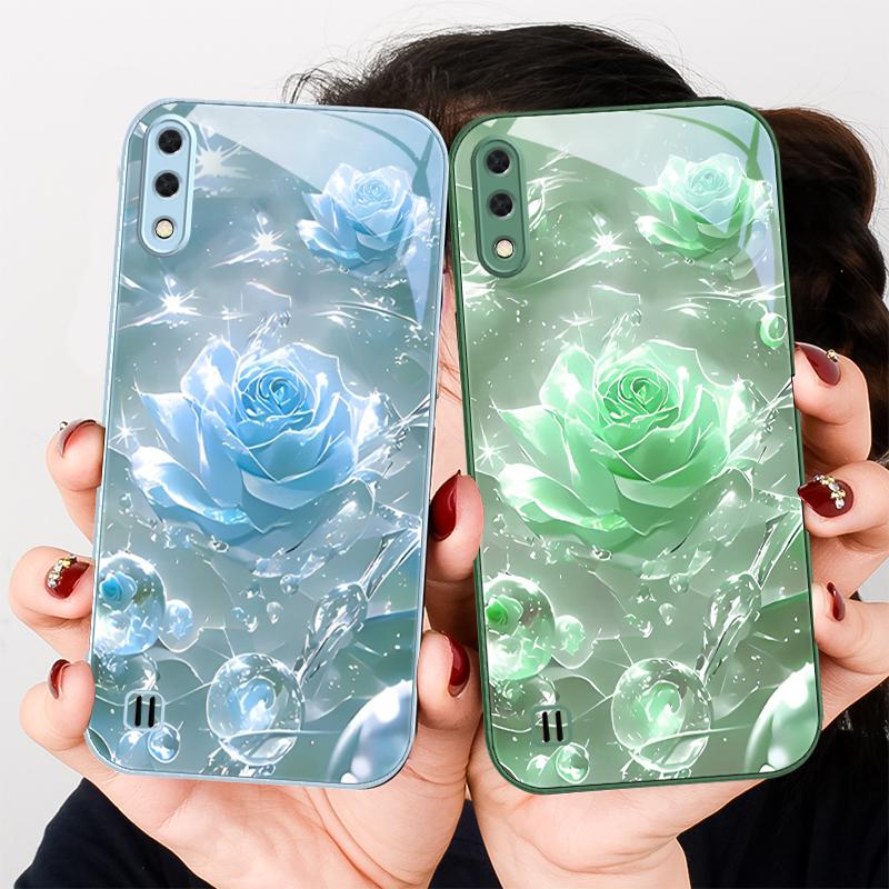 Ice crystal-colored roses For Samsung A01 02 03 Core 04 05 06 10 12 13 14 5G 15 16 M02 12 Note 8 9 10 20 glass Ultra phone case