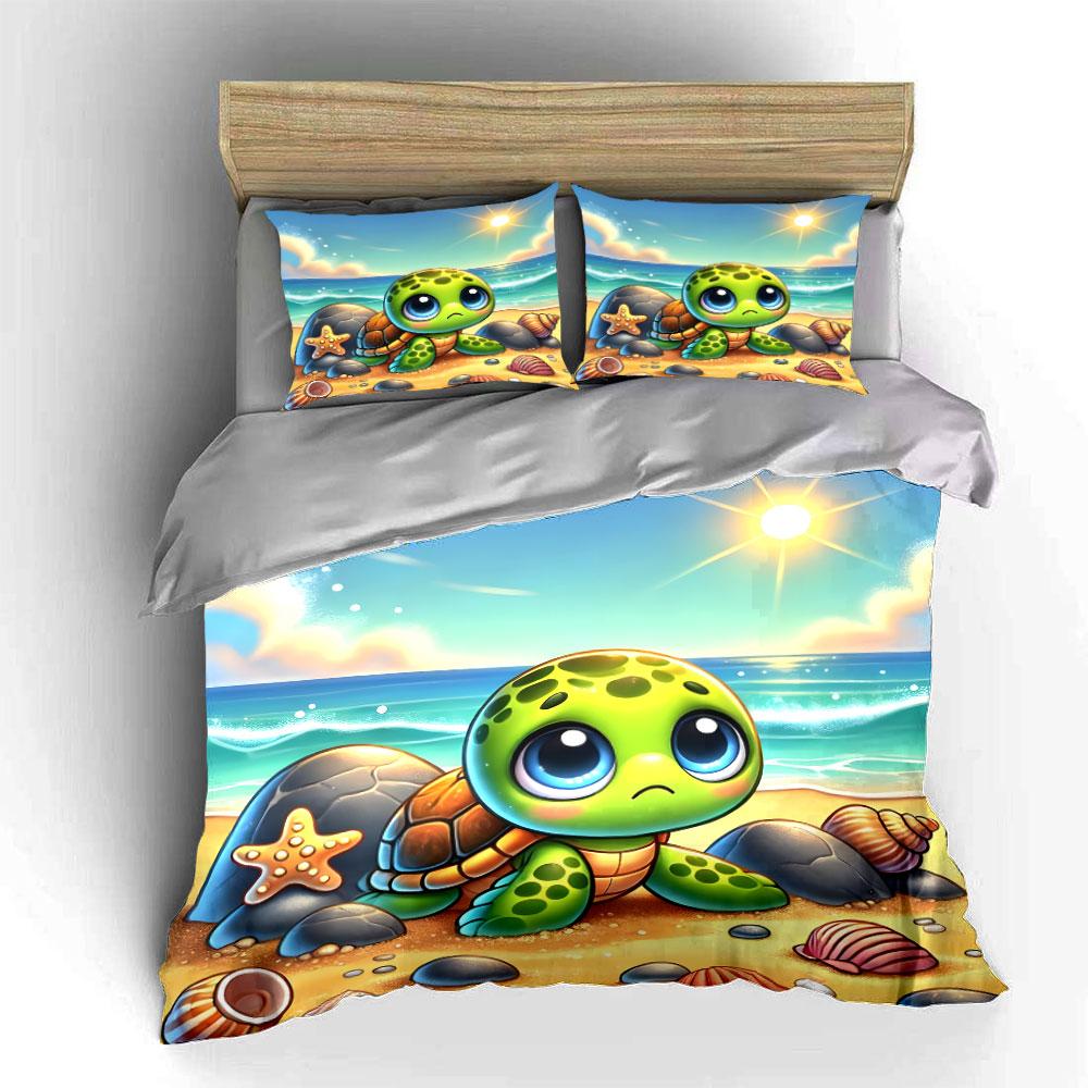 Cute Turtle Beach Decorations Set Soft Comfortable Duvet Cover Bedding Set Included 1*Duvet Cover & 2*Pillowcases, Gift