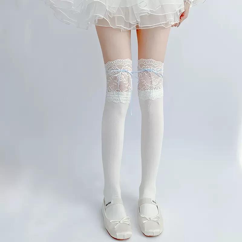 

Sweet Girls Long Socks Stockings Women Ribbon Bow Knee High Socks Thigh High Stockings Sexy Lace Lolita Kawaii Thigh High Socks One Size