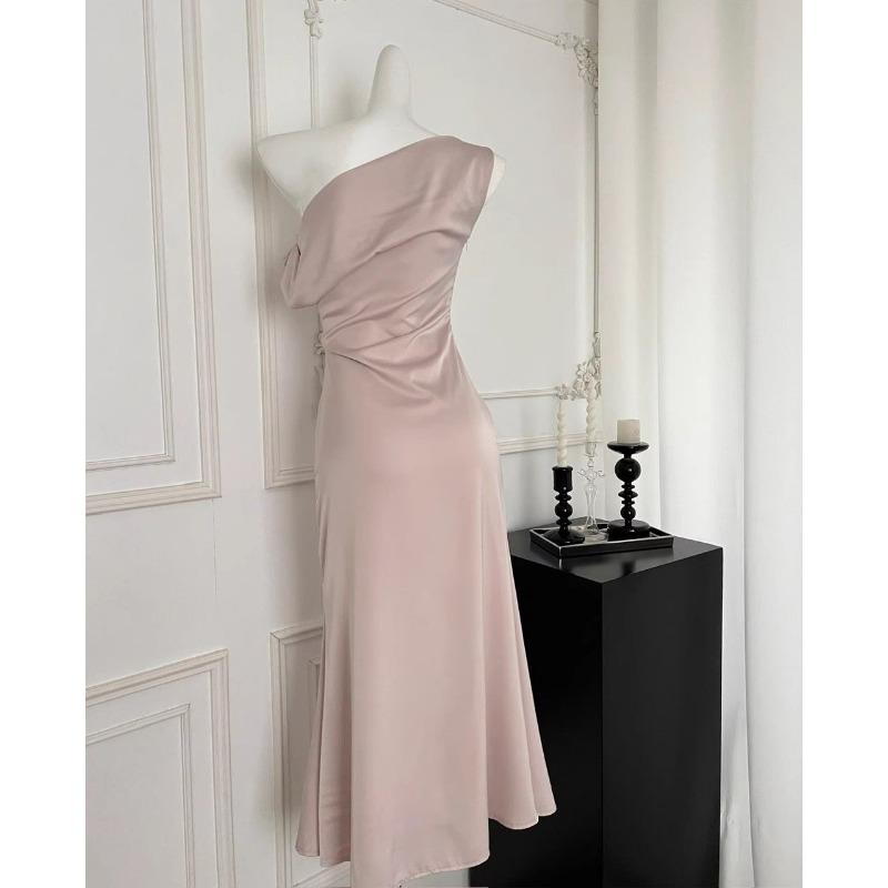Women's Satin Maxi Dress Beige One Shoulder Ruched Slim Fit Evening Party Gown