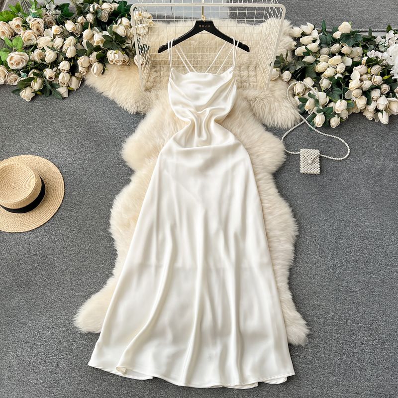 

Temperament Goddess Style Open Back Satin Sling Dress White L