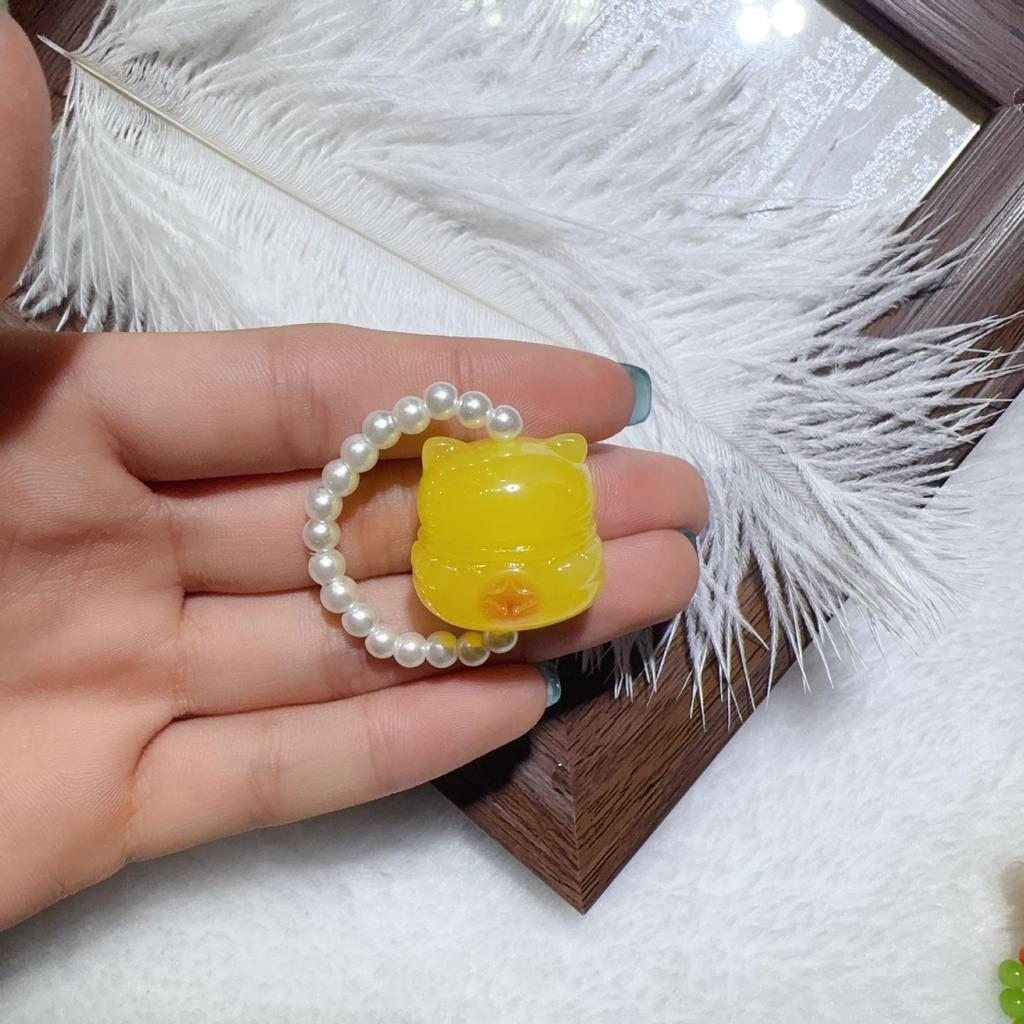 Second Gen Turquoise Amber Ring: Nine-Tailed Fox & Little Bear Wealth-Attracting Trendy Fashion Jewelry