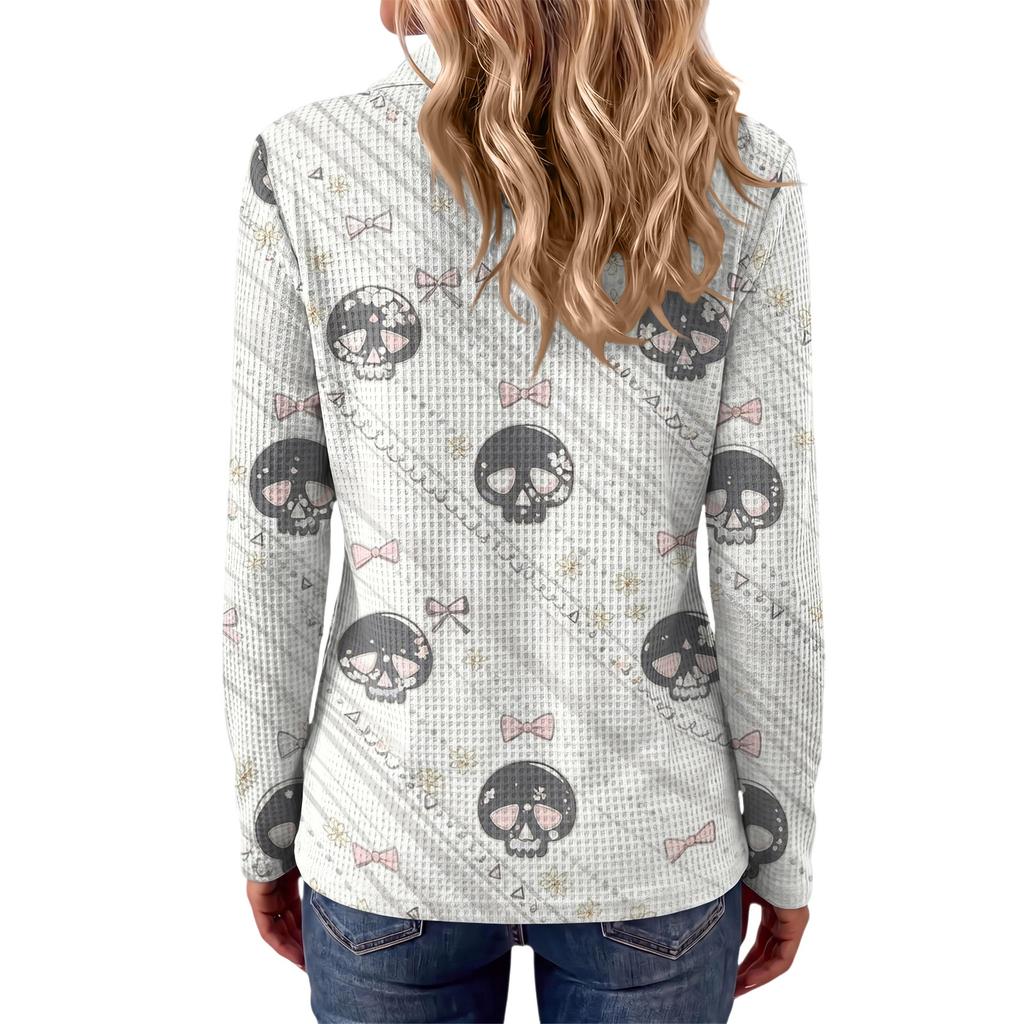 Women's Halloween Print Knit Long Sleeve Top with Lapel Collar
