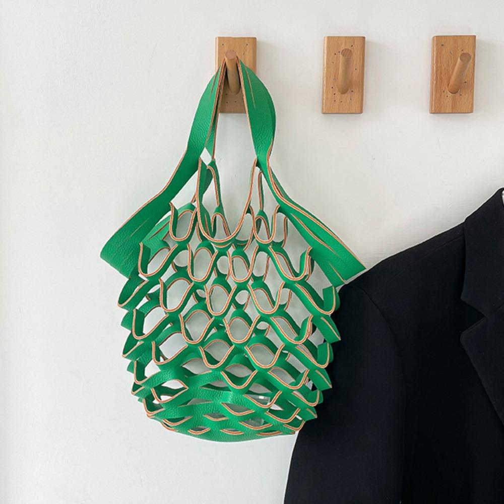 Foldable Leather Folding Tote Bag Large Capacity Woven Handbag Trendy Grocery Bag  Storage