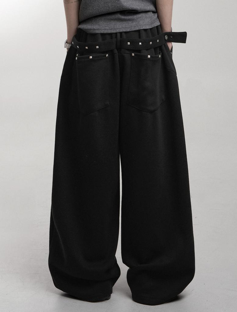 Lupeu Studded Belt Back Pocket Wide Long Pants Black