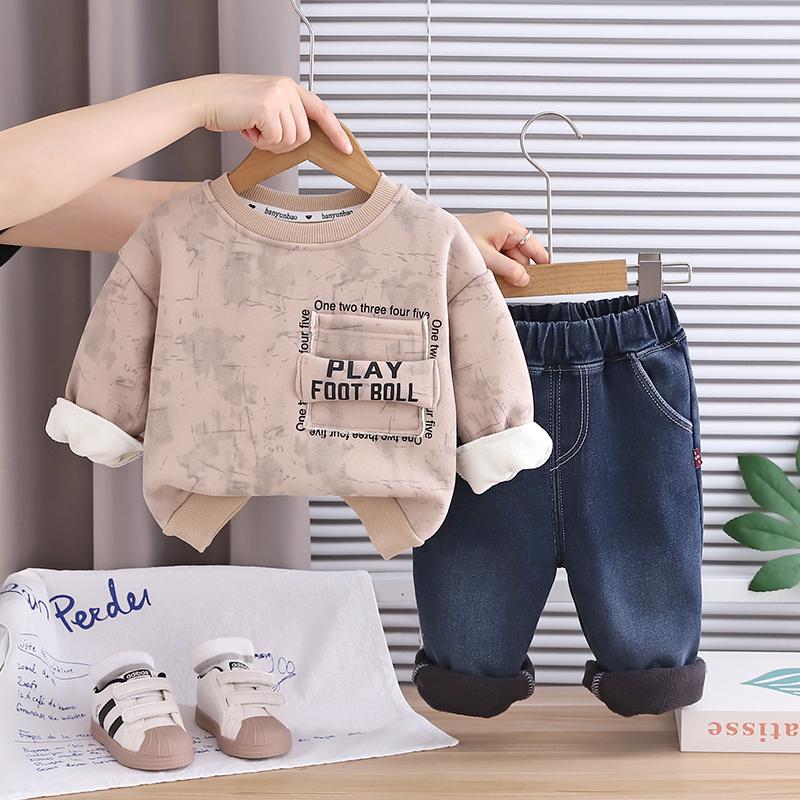 

Комплект из 2 предметов с длинным рукавом для мальчиков, 0-5 лет Детская флисовая толстовка с английским принтом + джинсовые брюки XXL абрикосовый