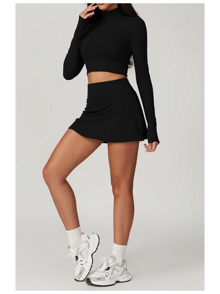 Damen High-Intensity Schnelltrocknender Yoga-Anzug: Oberteil mit Reißverschluss und langen Ärmeln & Laufrock