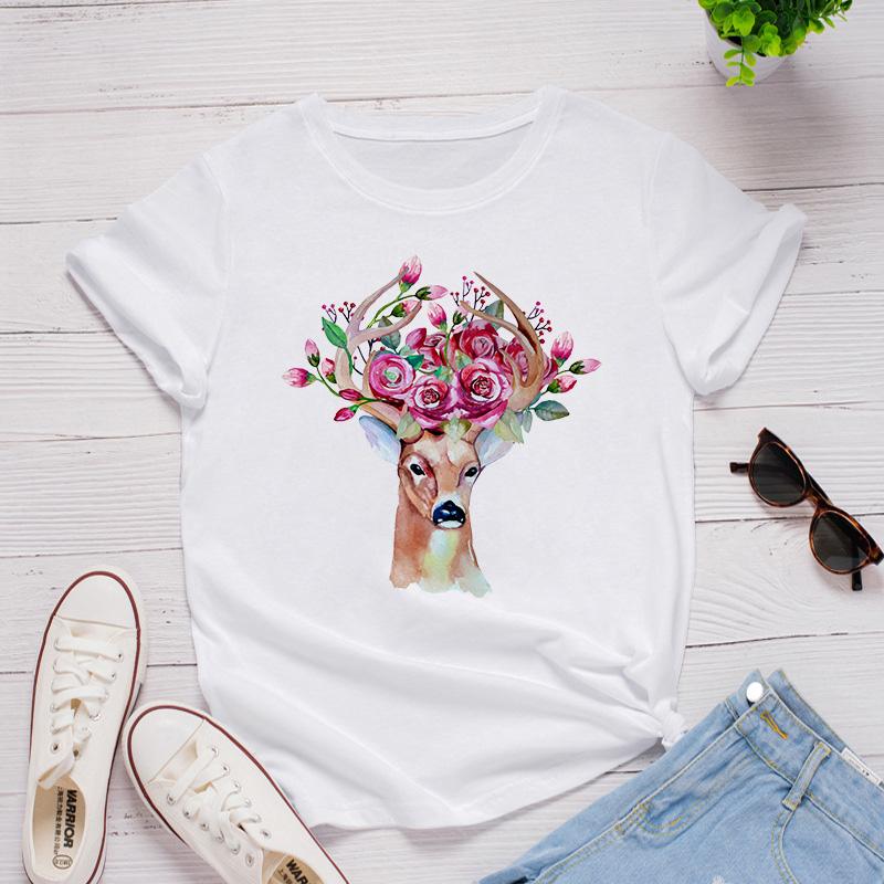 Graphic Women Tees Tops Cartoon Sika Deer Head Print Tshirts Funny Tshirt Casual Harajuku Female T-Shirt Funny Printed T-Shirt