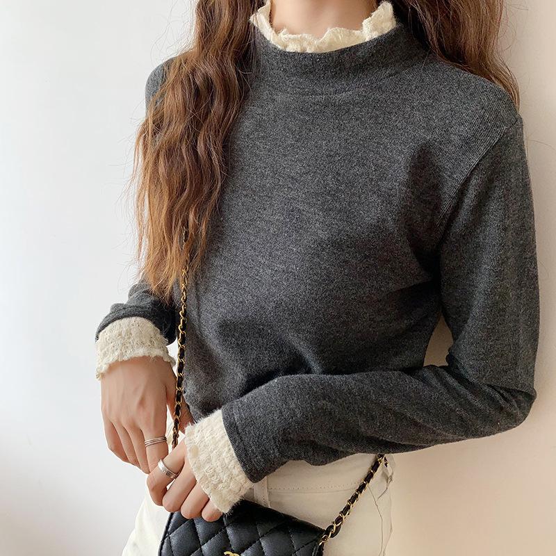 

Niche Lace Ruffle Stand Collar Women s Plus Size Chic Slim-fit Winter Top Small
