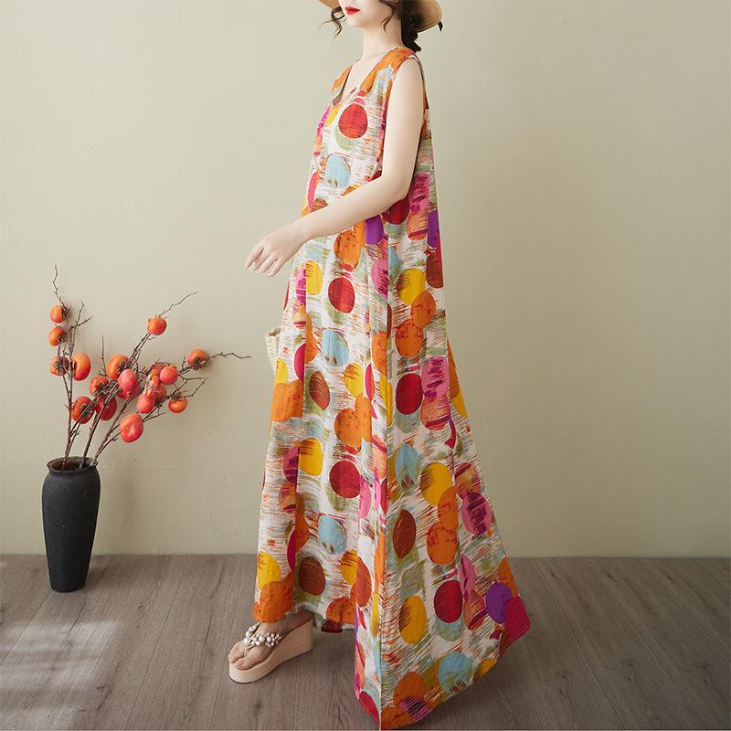 

Summer 2025 Korean V-neck Sleeveless Cotton Linen Nightgown - Loose Fit Home Dress Plus Size Free Size