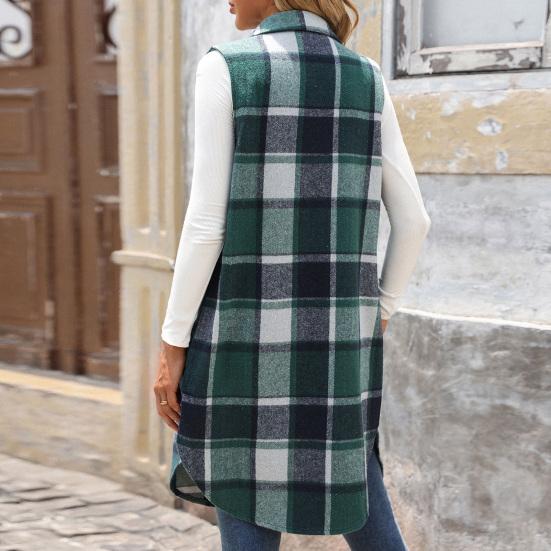 Women Long Vest with Breast Pockets Plaid Print Turn-down Collar Single-breasted Mid Length Waistcoat Loose Caerdigan Outerwear for Daily