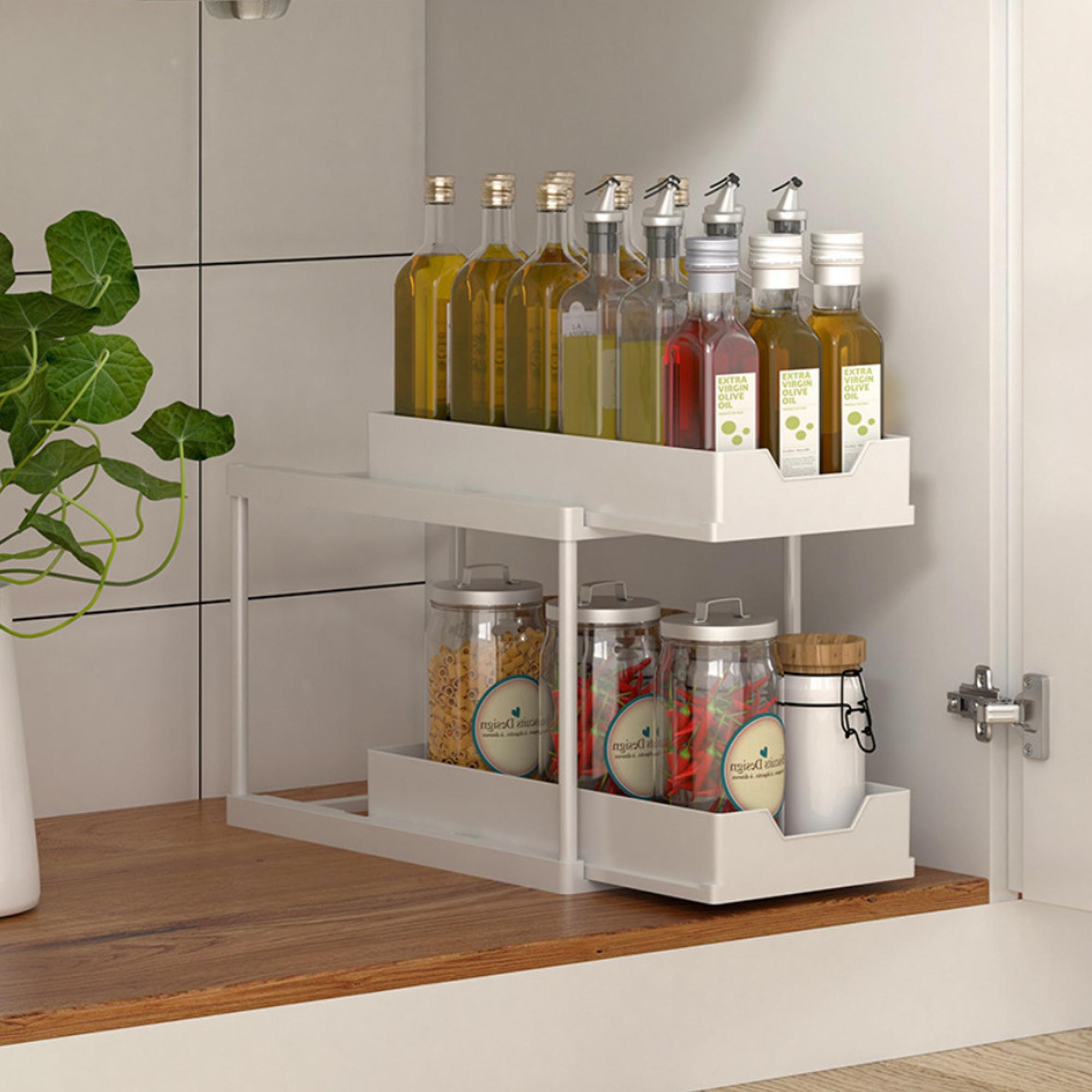 

Double-Layer Pull-Out Kitchen Storage Rack - Non-Slip Multifunctional Drawer for Under-Sink and Countertop Organization 2-tier білий