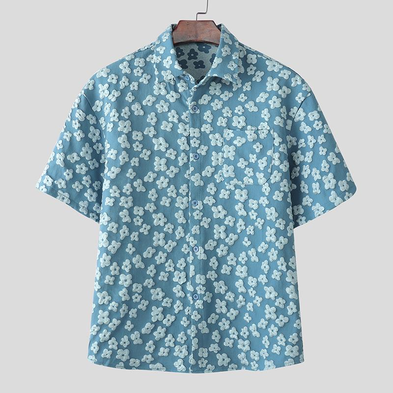 

INCERUN Summer Men Short Sleeves Floral Texture Casual Holiday Shirts 3XL синий