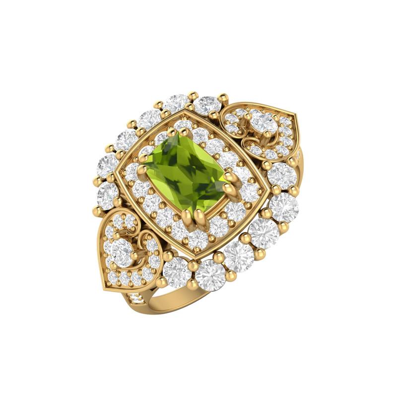 6X4MM Cushion Peridot Gemstone 925 Sterling Silver Gold Plated Solitaire Halo Women Engagement Ring 10