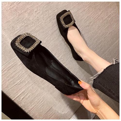 Fashion Square Toe Flat Shoes for Women Spring Summer New Square Buckle Diamond Shallow Cut Women Shoes Boat Shoes Large Size 44 45 46