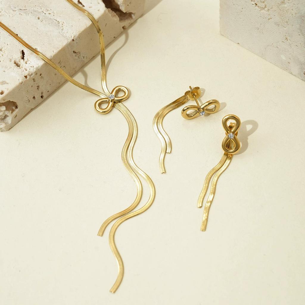 316L Stainless Steel 2025 New Hot Sales Fashion Zircon Bowknot Tassels Charm Chain Choker Necklaces Earrings For Women