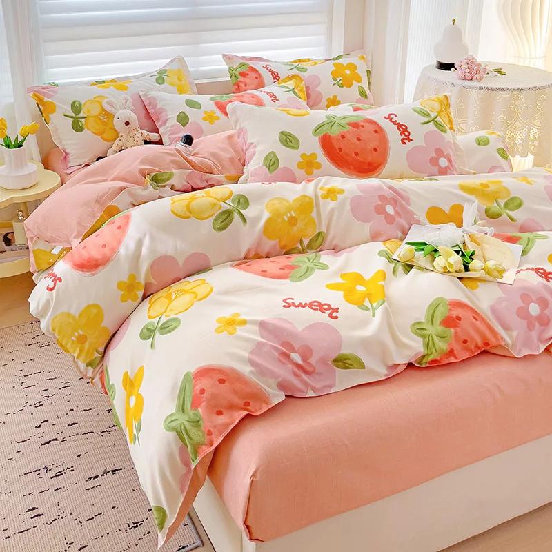 100% Cotton Bedding Set, Four Piece Sheet Set Comfort Set Girly Fresh Style Couple Bed Comforter Set
