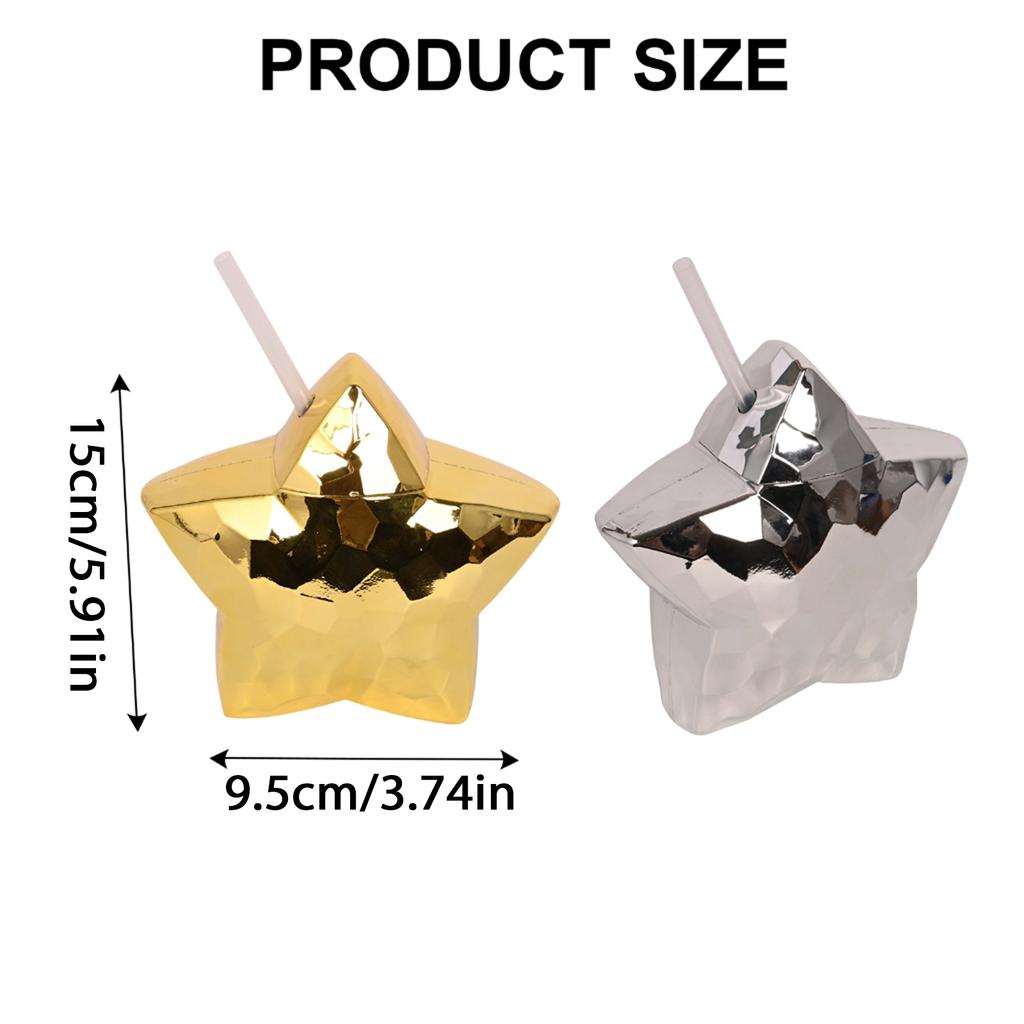 Set of 2 Plastic Straw Cup with Straw Elegant Beverage Cup Colorful Star Shaped Drinkware Water Bottle for Women Girls
